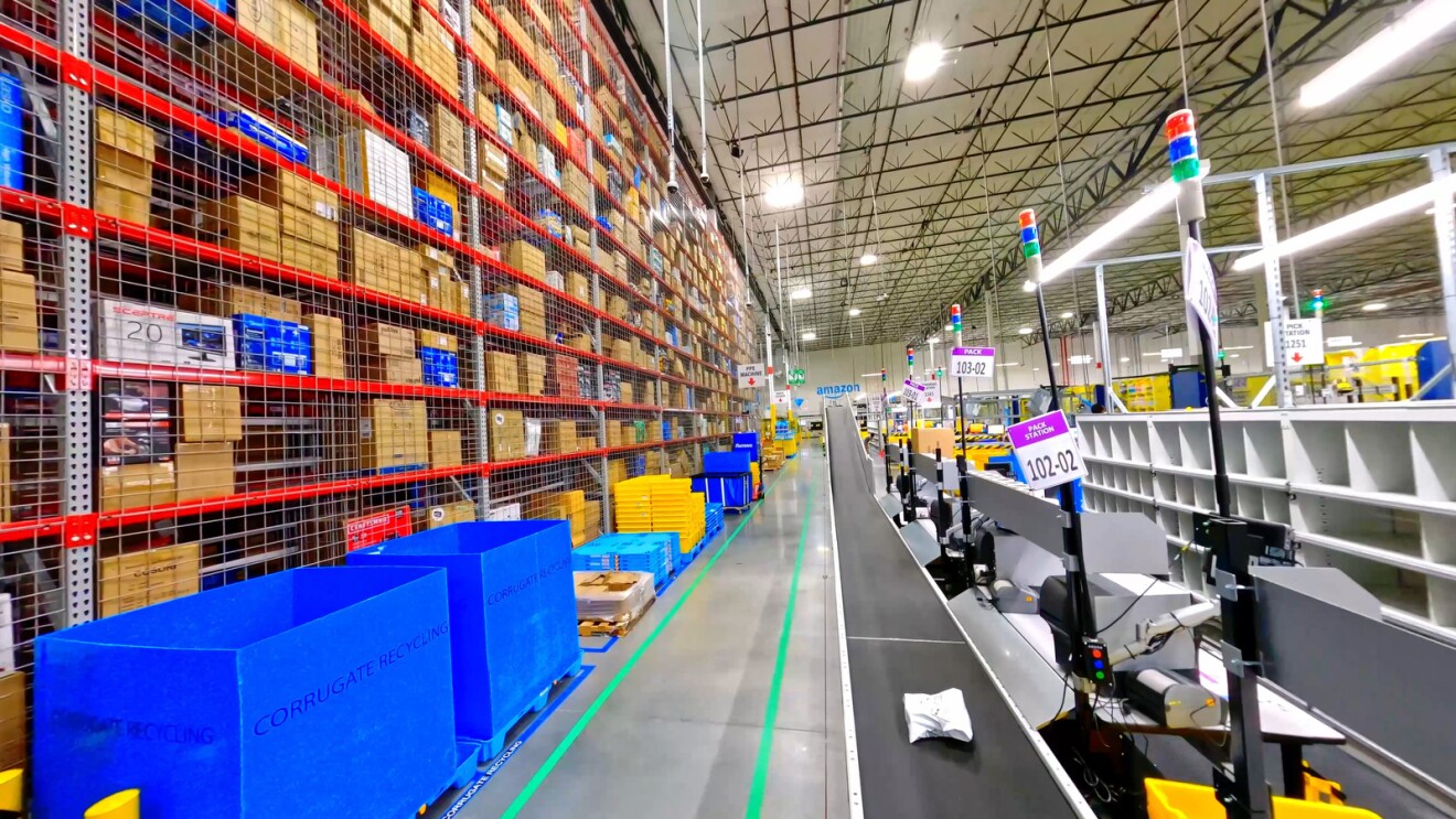 Inside an Amazon fulfillment center where product is stored and packaged up for customers.