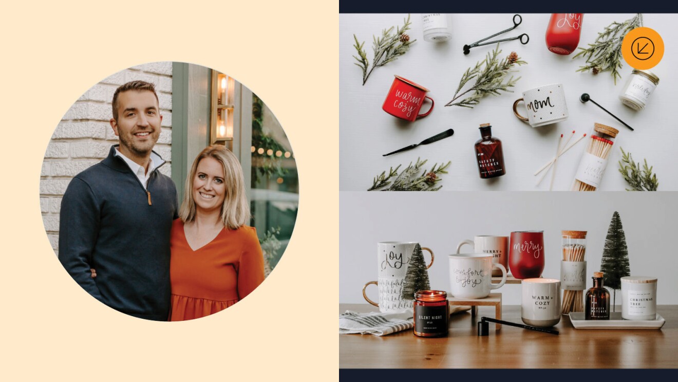 A split image with the owners of Sweet Water Decor on the left. On the right are the products they sell including mugs, matches, and candles.