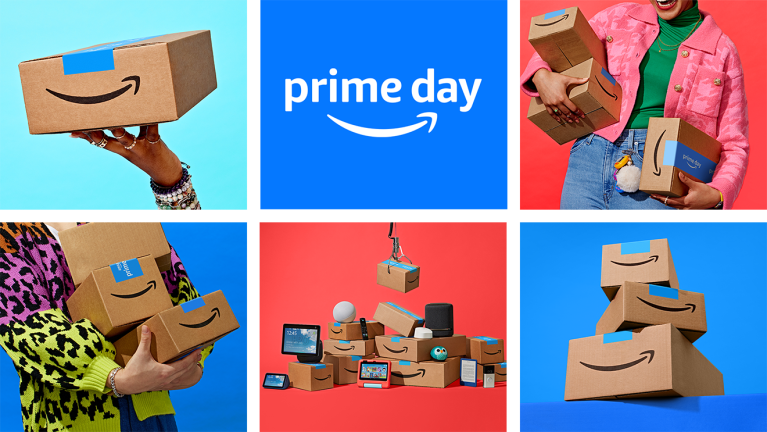 Collage aus verschiedenen bunten Illustrationen zum Amazon Prime Day 2024, darunter Amazon Päckchen, Prime Day Logo.
