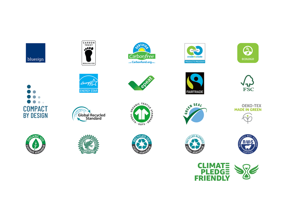 Series of Climate Pledge Friendly logos used on product packaging to signify green-certified