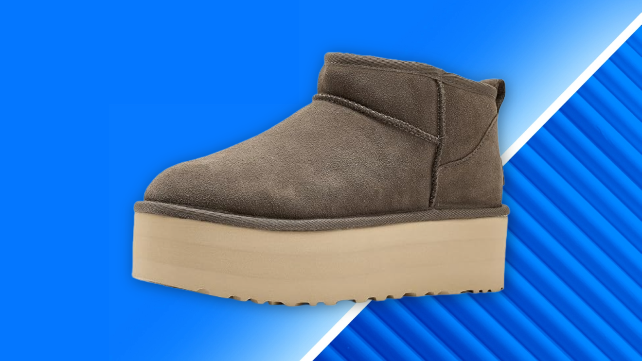 Gray suede platform mini boot with thick cream sole on blue background UGGs for Amazon Prime Big Deal Days 2026