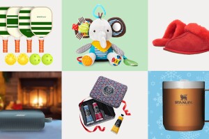 A collage of last minute gifts with pickleball, elephant plush, red slippers, Bose bluetooth speaker, lotion, and Stanley mug