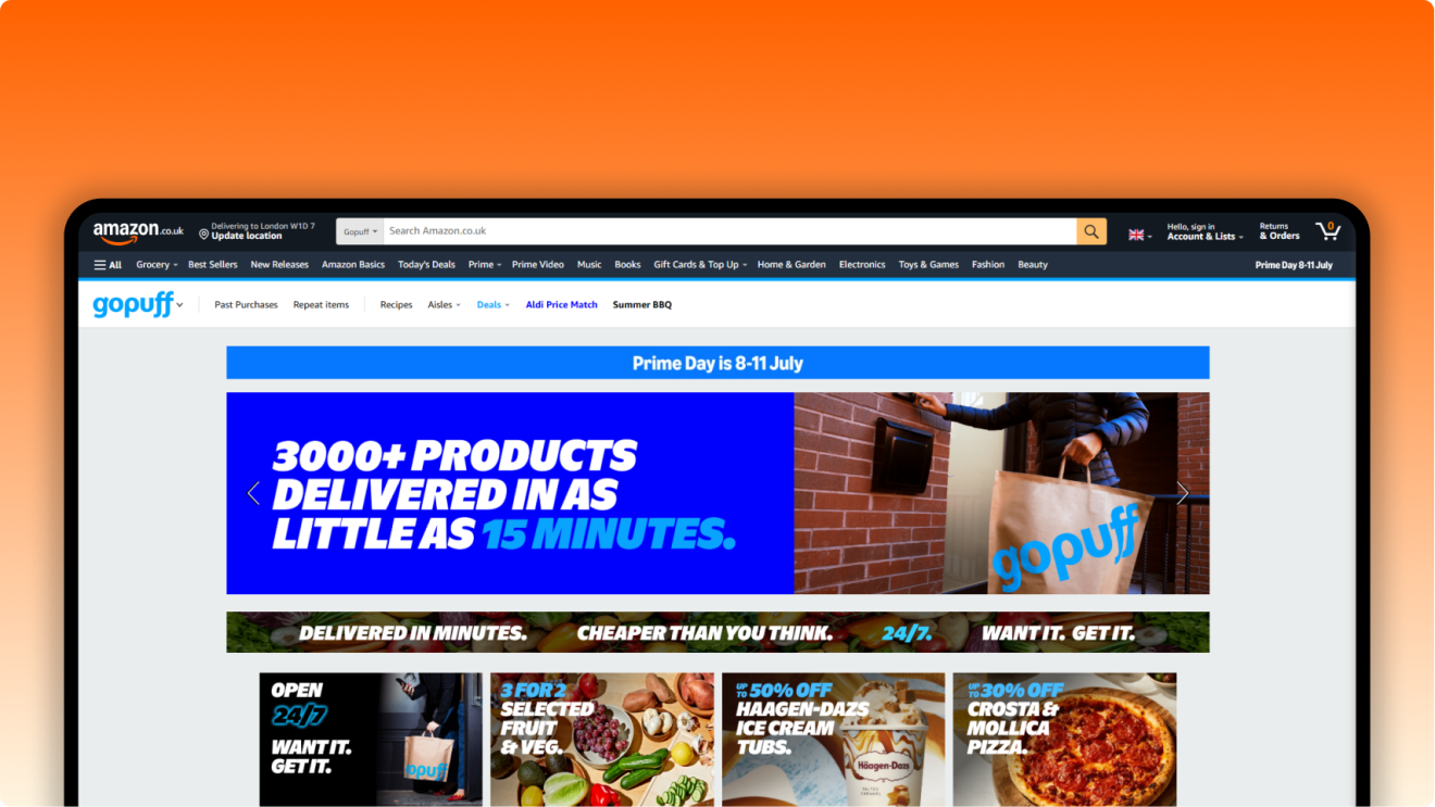 Amazon webpage showcasing Gopuff's rapid delivery and Prime Day deals