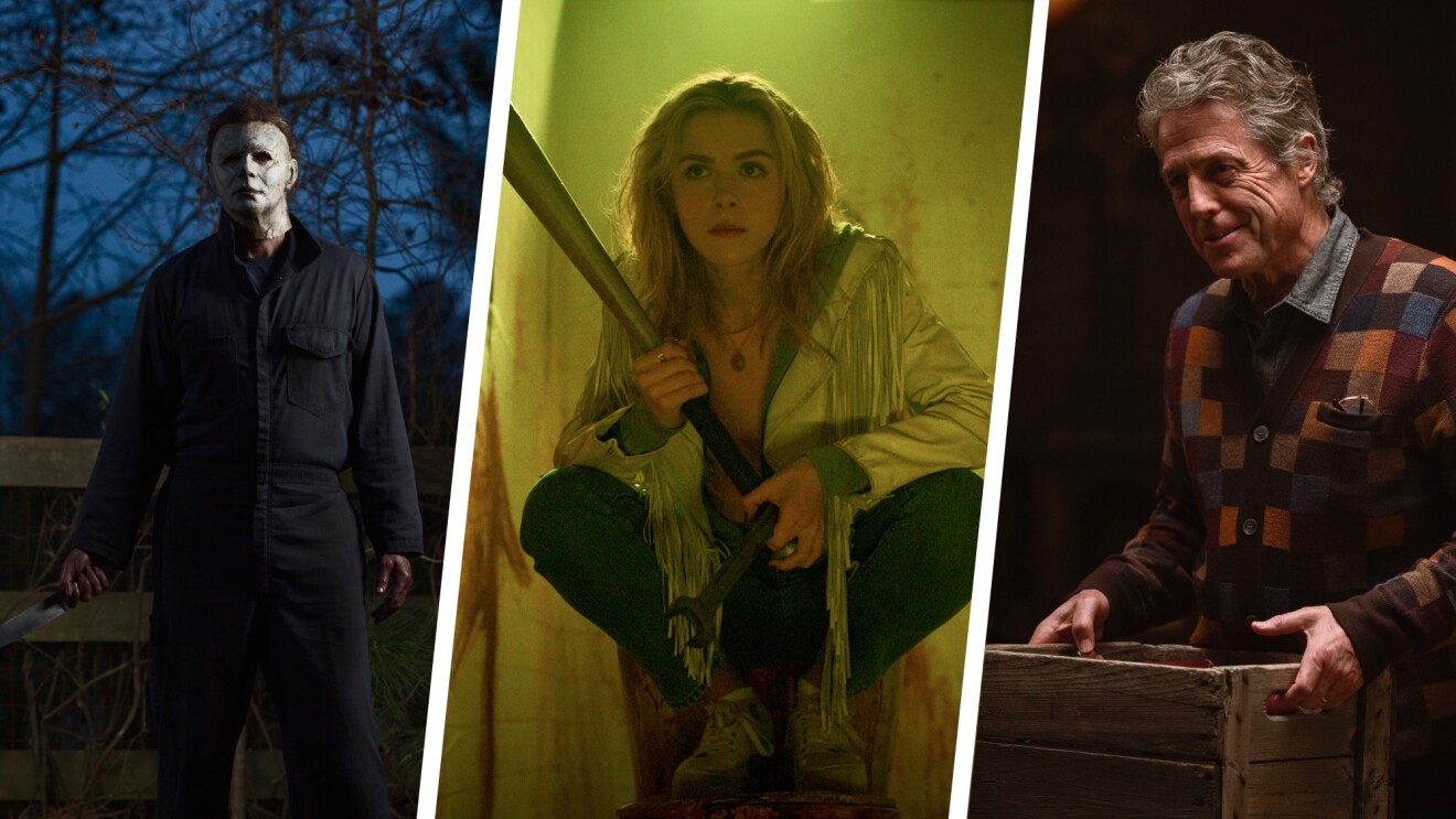 Three film stills: masked figure in dark woods, woman with bat in yellow light, older man with wooden crate