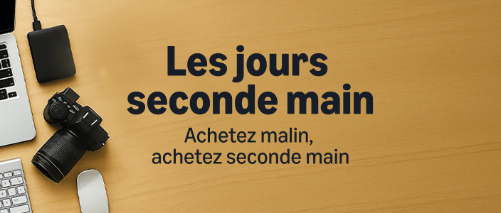 Bureau en bois avec des appareils électroniques et le slogan 'Les jours seconde main