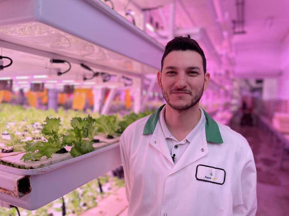 Man in lab coat in front of lettuce 