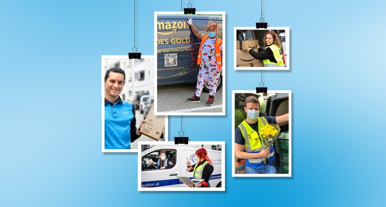 Collage mit verschiedenen Amazon Mitarbeiter:innen.
