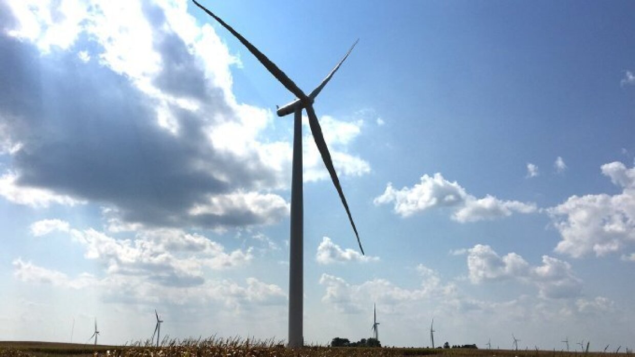 Une éolienne dans un champ, sur fond de ciel bleu avec quelques nuages. Au loin derrière elle, des arbres et une dizaine d'autres éoliennes