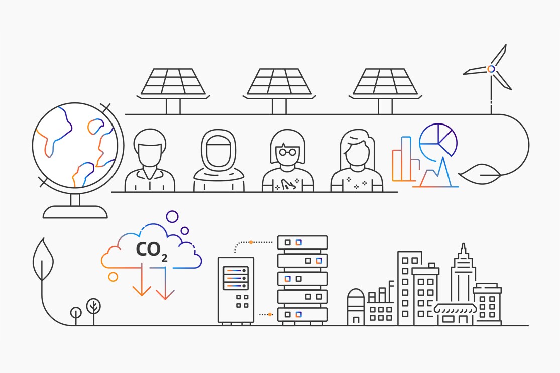 Image from AWS re:Invent, showing illustrations of cloud computing themes