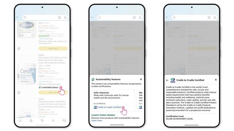 Mobile screens displaying Cradle to Cradle certification for beauty items