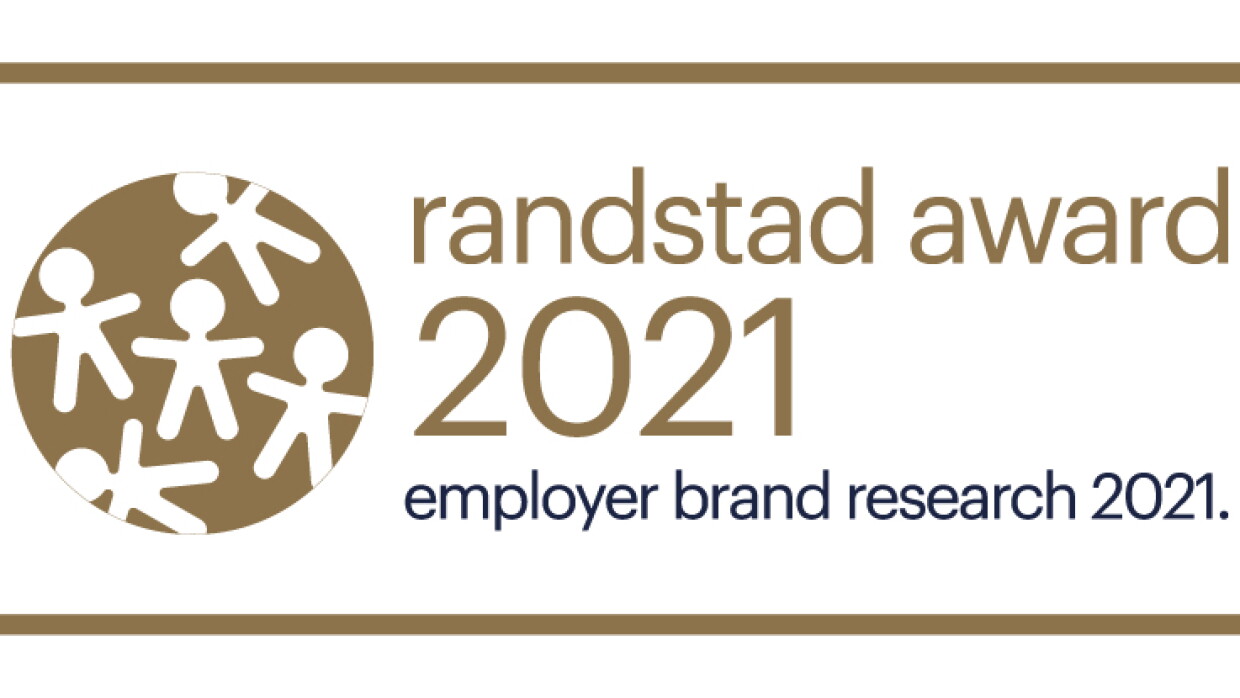 Sello de la empresa Randstad. Dentro de un marco dorado, fondo blanco y letras dorada con el siguiente texto: Randstad award 2021 employer brand research 2021. 