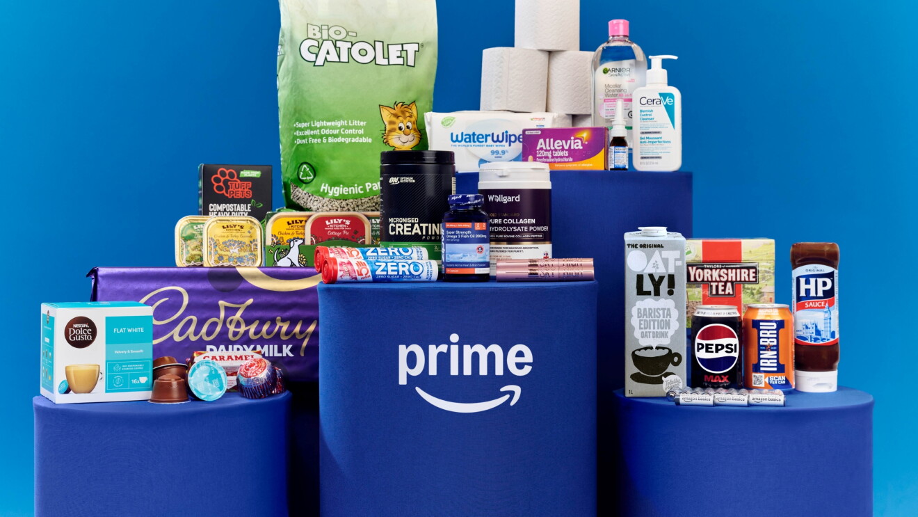 Popular products delivered same or next day on Amazon Prime in the UK in 2025 on plinths with Prime logo