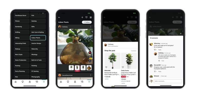 series of 4 screenshots showing the shop by interest feature on the amazon mobile app. in these screenshots, a shopper clicks on indoor plants and then is shown a feed of shoppable plant options alongside a comment feed