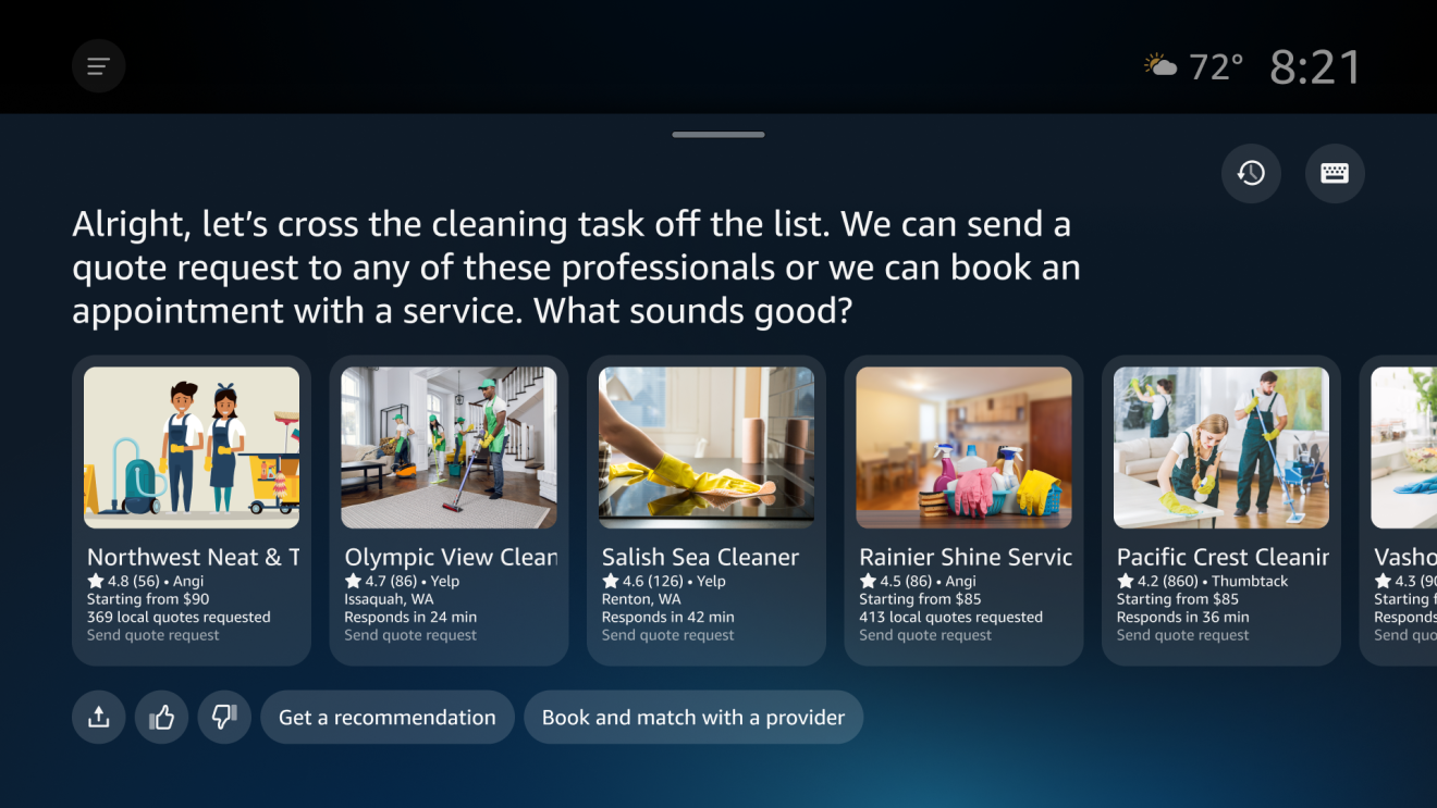 Interface showing cleaning service options with ratings and response times