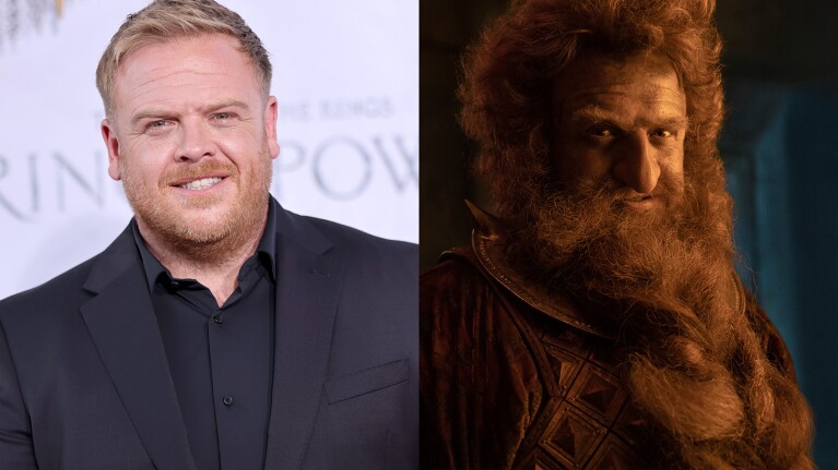 A split image of Owain Arthur. One photo shows him in full character and the other shows him in real life on the red carpet.
