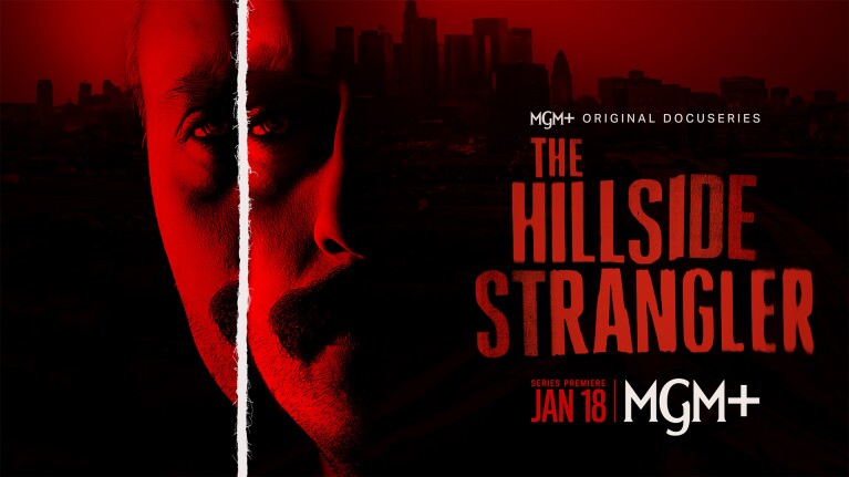 Promotional poster for MGM+ docuseries 'The Hillside Strangler' premiering on January 18