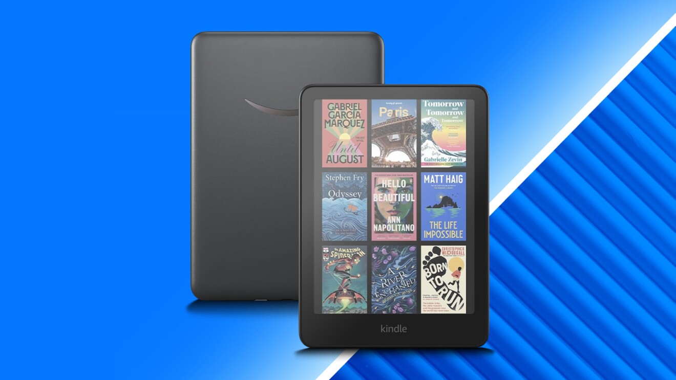 Kindle e-reader displaying various book covers on blue background