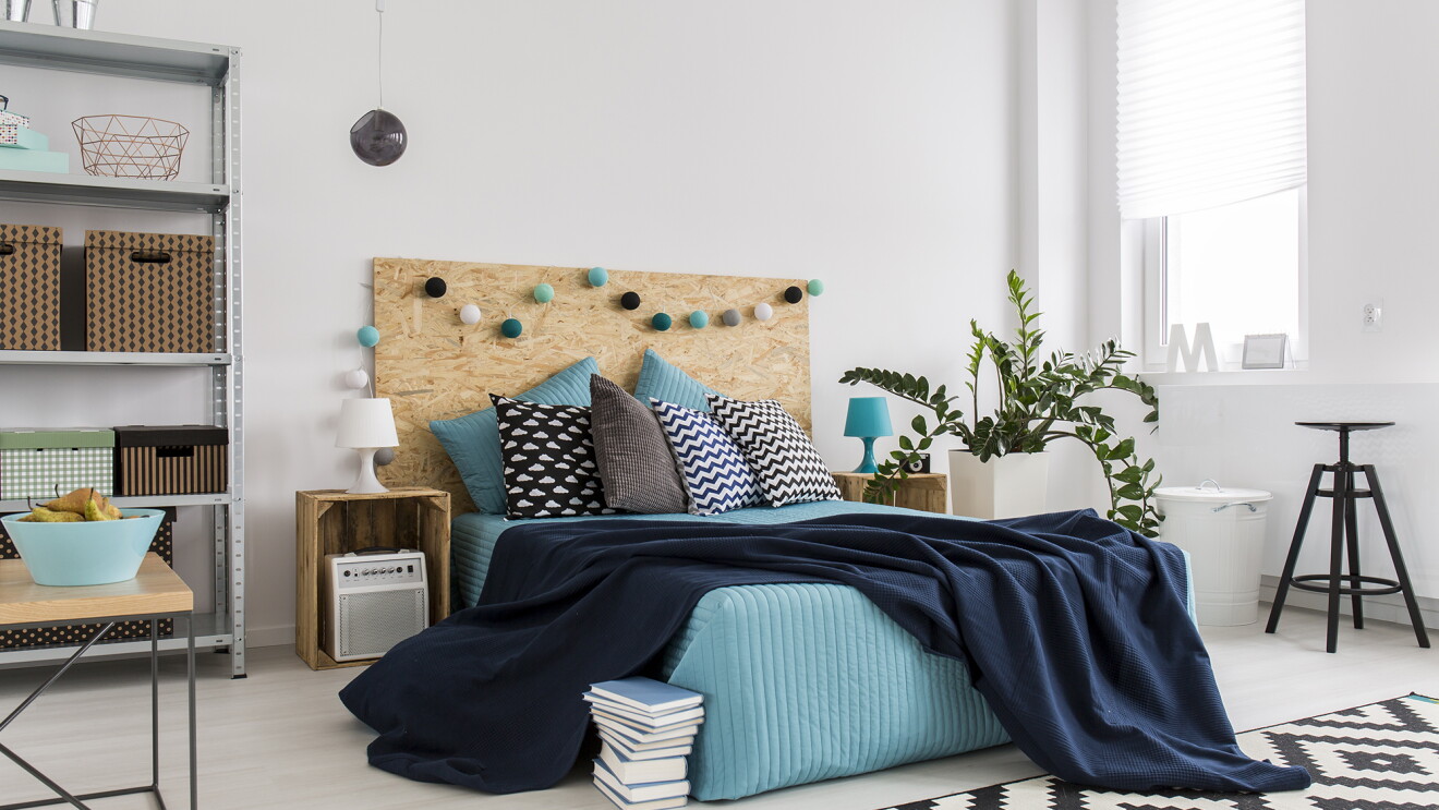Picture of a bedroom , with a blue theme