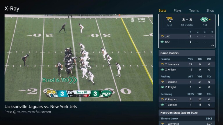 A screen showing a game for Thursday Night Football Next Gen Stats. 