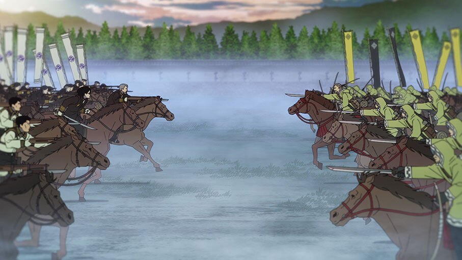 左右両側から馬に乗った兵士たちがそれぞれ旗を掲げ前進し、正面衝突する直前を描いたアニメイラスト。
