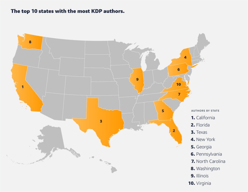 Map of the United States showing top Kindle Direct Publishing locations