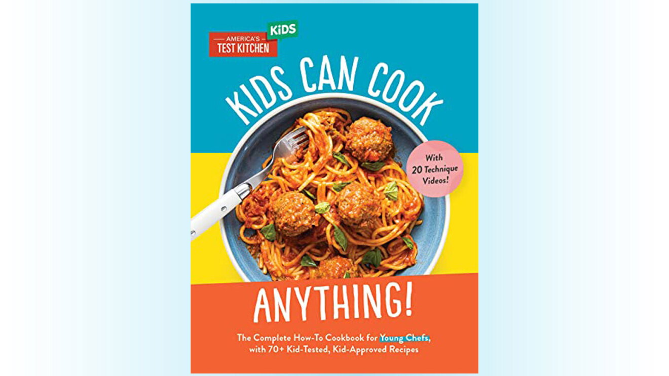 A photo of the book cover, "Kids Can Cook Anything!". The cover includes a photo of a bowl of pasta and meatballs with a fork.