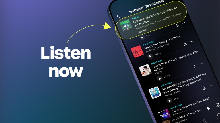 Amazon Music mobile app highlighting caffeine podcasts by various hosts
