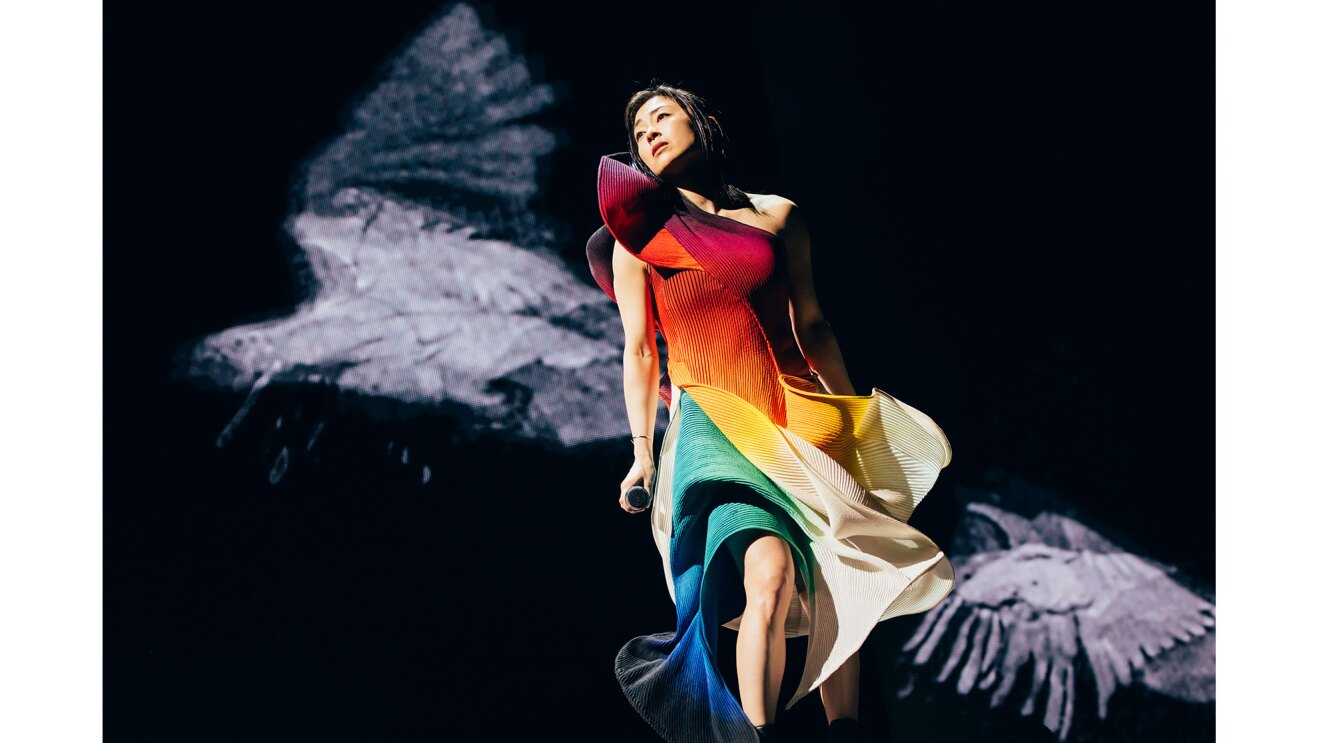 黒い背景に、マイクを手にした女性が斜め上を見上げて立っている。女性の背後には翼を広げた鳥のような形の石像が2つ。女性のドレスは上から下に向かって赤、黄、緑、青と虹のような構成。