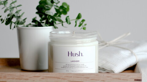 Lavender candle from Hush Candle, against a potted plant on a tray.