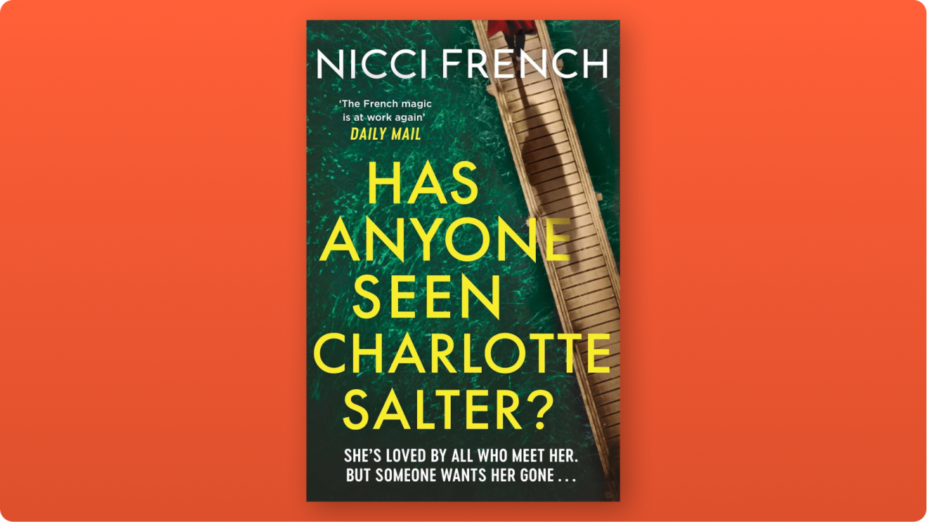 Mystery novel cover for 'Has Anyone Seen Charlotte Salter?' with green background and wooden pier