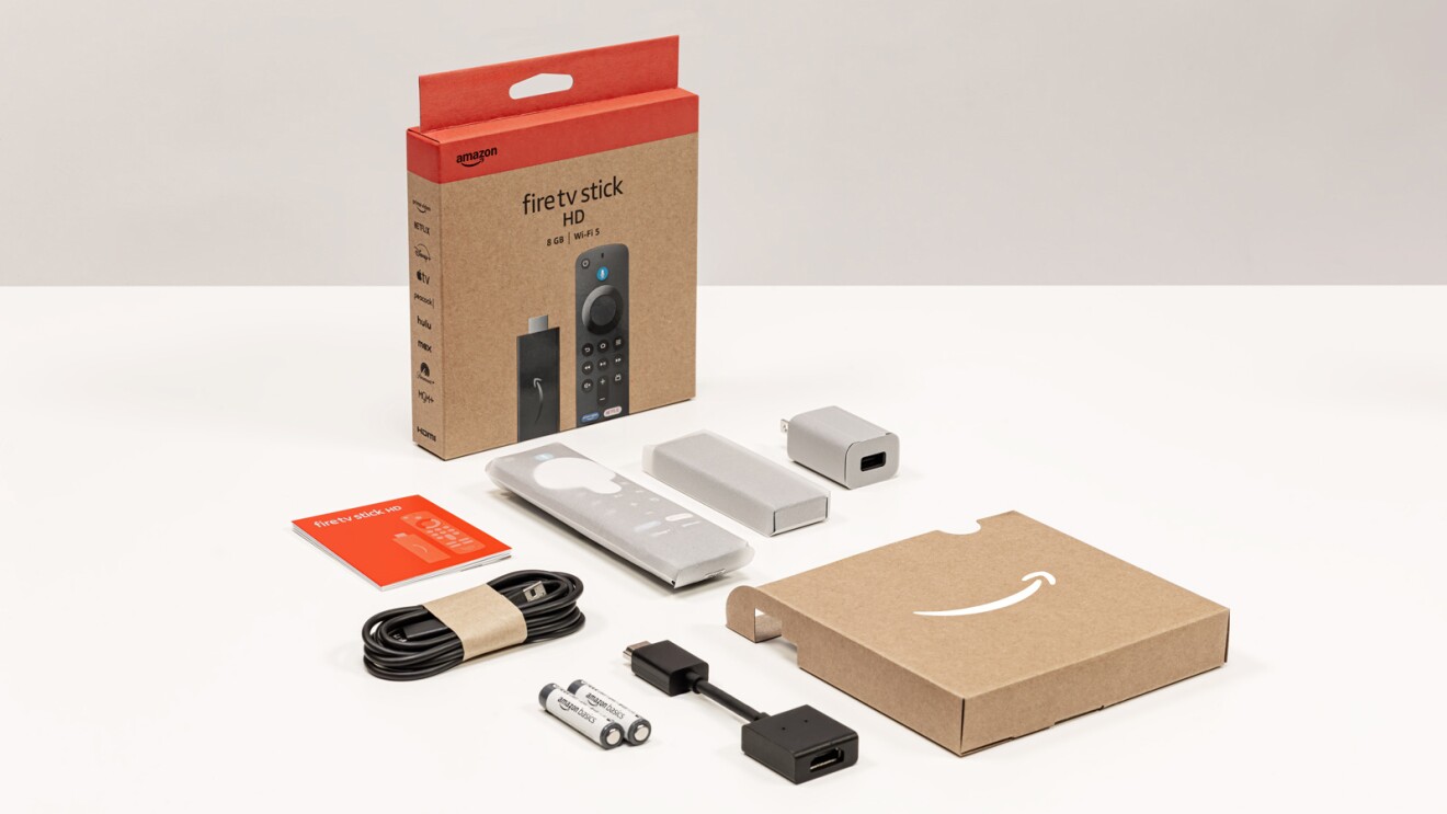 Amazon Fire TV Stick HD package with contents displayed