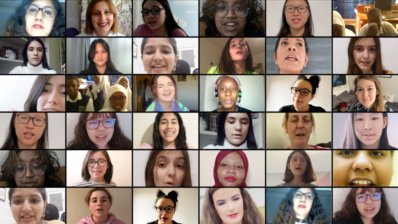 Fotomontaje de rostros de chicas que están teletrabajando. Sería como una captura de la imagen que sale en el ordenador cuando conectas la cámara. Hay chicas de diferentes edades y procedencias étnicas. 