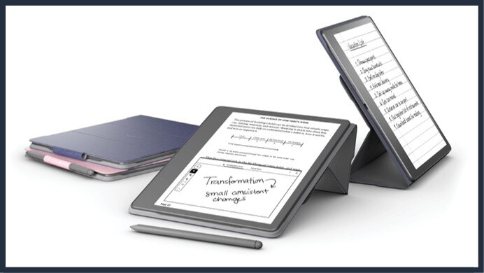 An image of three Amazon Kindle Scribe devices on a white background.