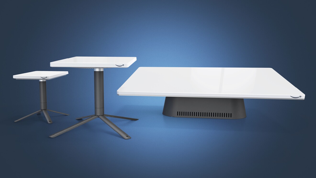 Three images of Project Kuiper's customer terminal with a blue background.