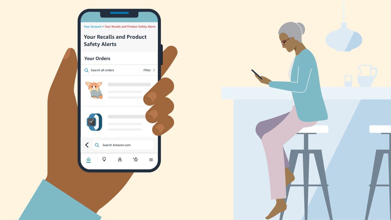 Graphic image of an older woman looking down at her phone while she sits at the kitchen counter. Her phone screen displays the "Your Recalls and Product Safety Alerts" page.