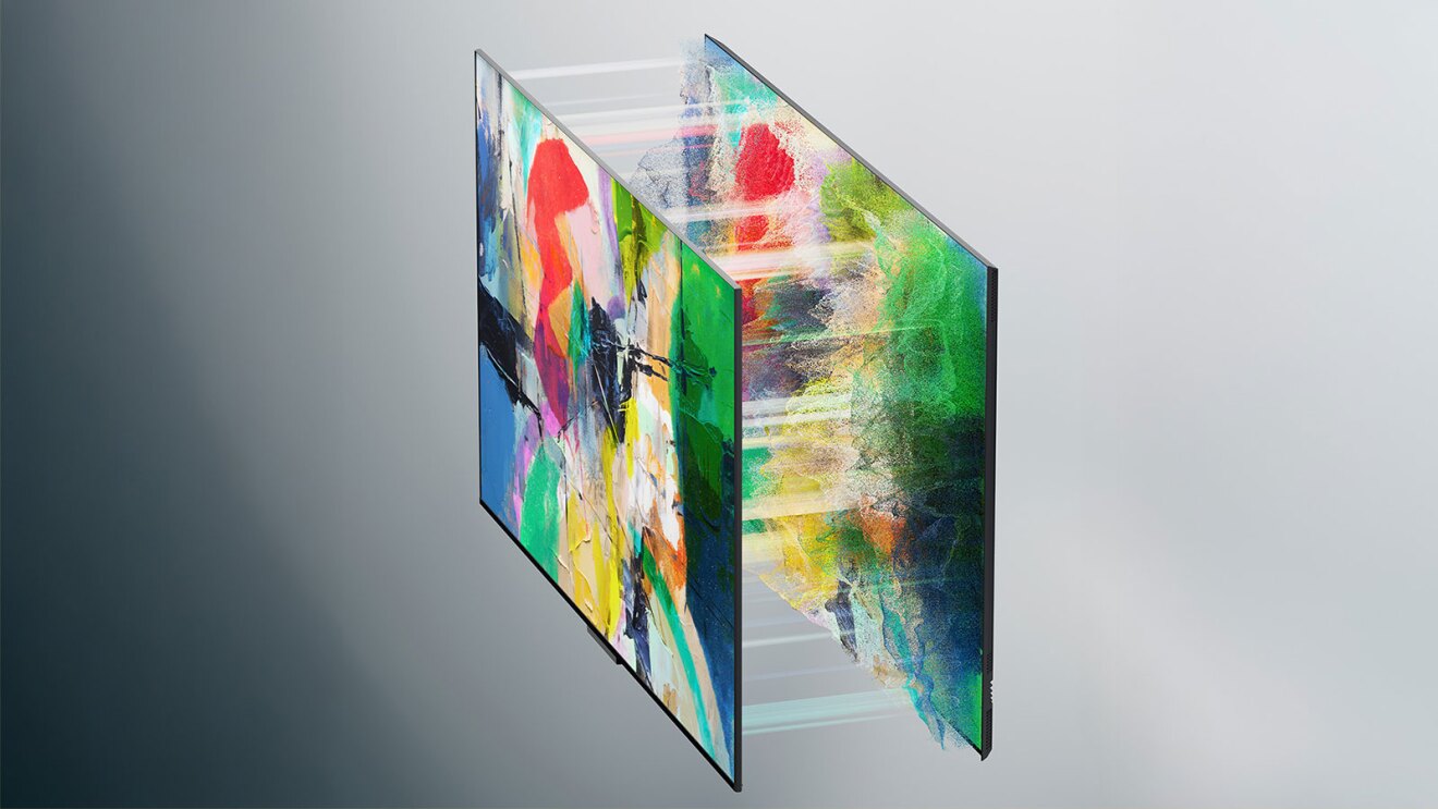 Fire TV abstract painting layered with transparent panel, creating 3D effect