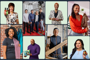 Collage of different small business owners holding their products that are available to purchase in Amazon stores.