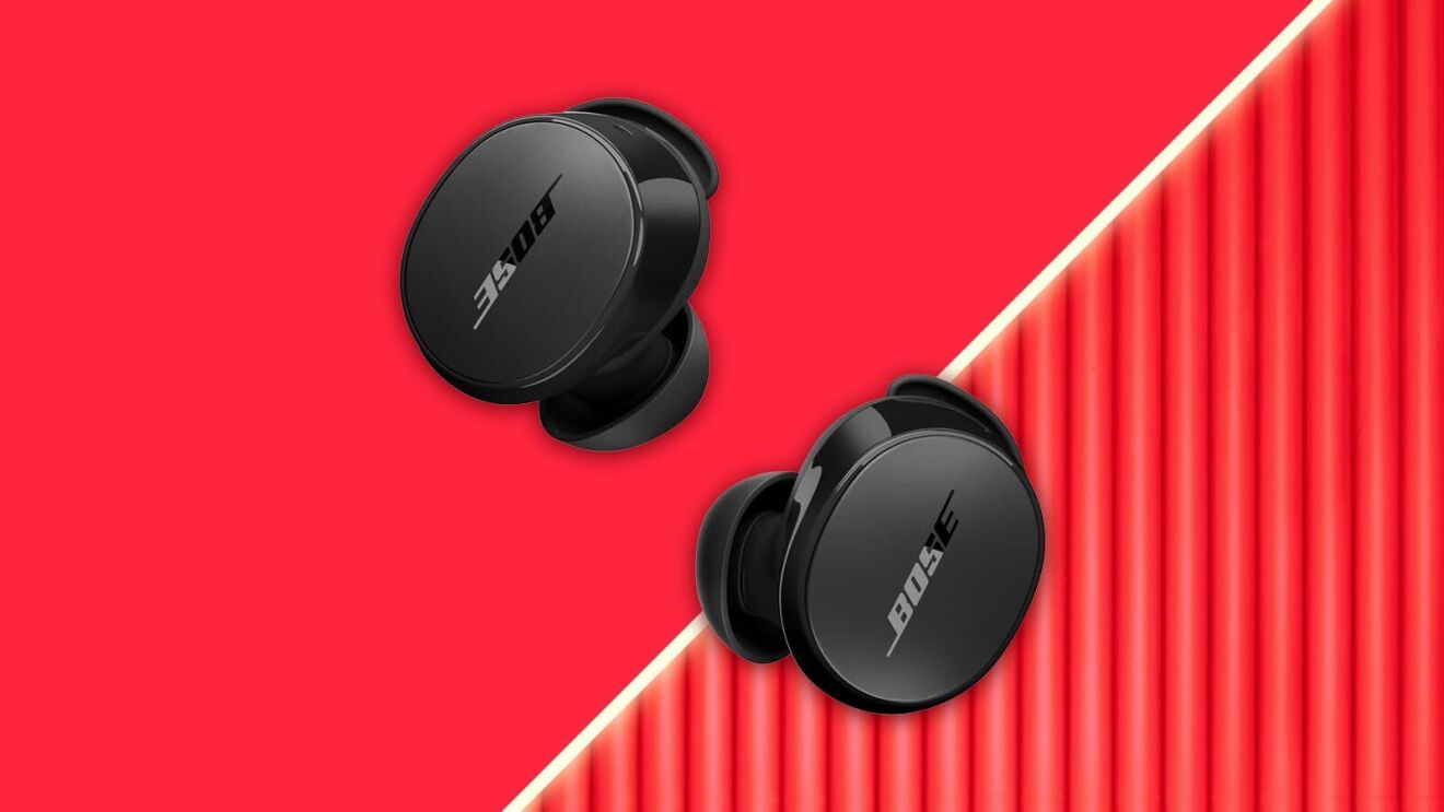 Bose wireless earbuds on red background with diagonal stripe