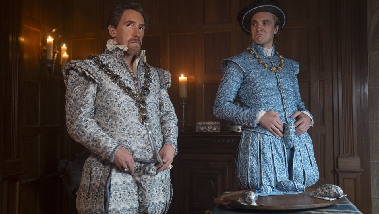Rob Brydon as Lord Dudley and Henry Ashton as Stan Dudley in 'My Lady Jane' on Prime Video
