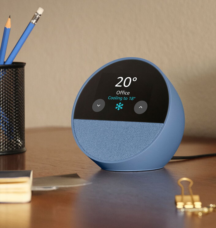 An Echo Spot displaying the weather