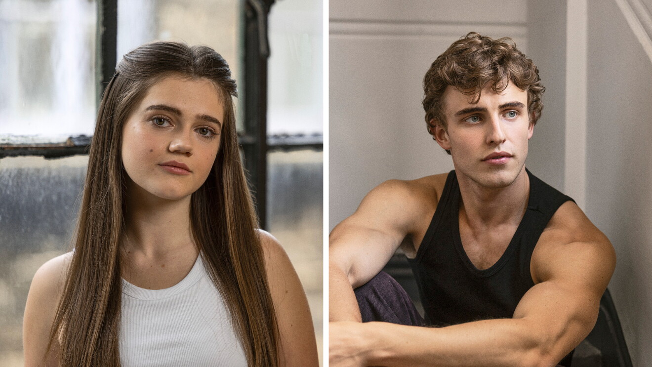 Young woman with long brown hair and young man with curly hair in side-by-side portrait photographs