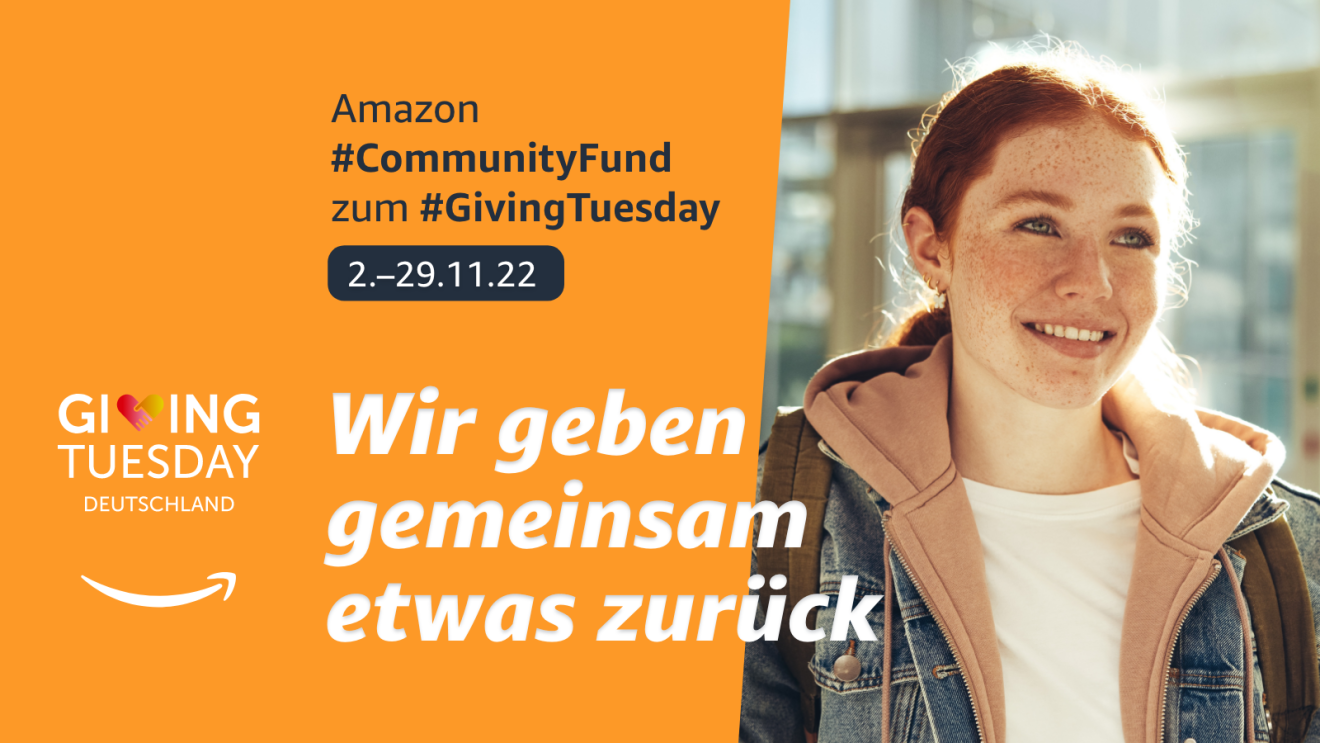 Ein Schriftzug macht auf den Amazon Community Fund aufmerksam und liefert relevante Informationen zur Amazon Spendenkampagne.