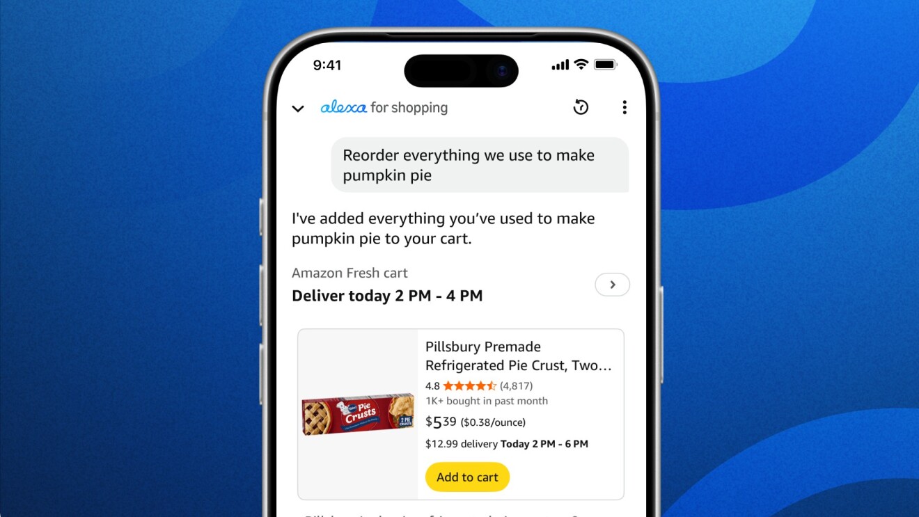 Amazon's Alexa for Shopping interface adding Pillsbury pie crust to cart with same-day delivery option
