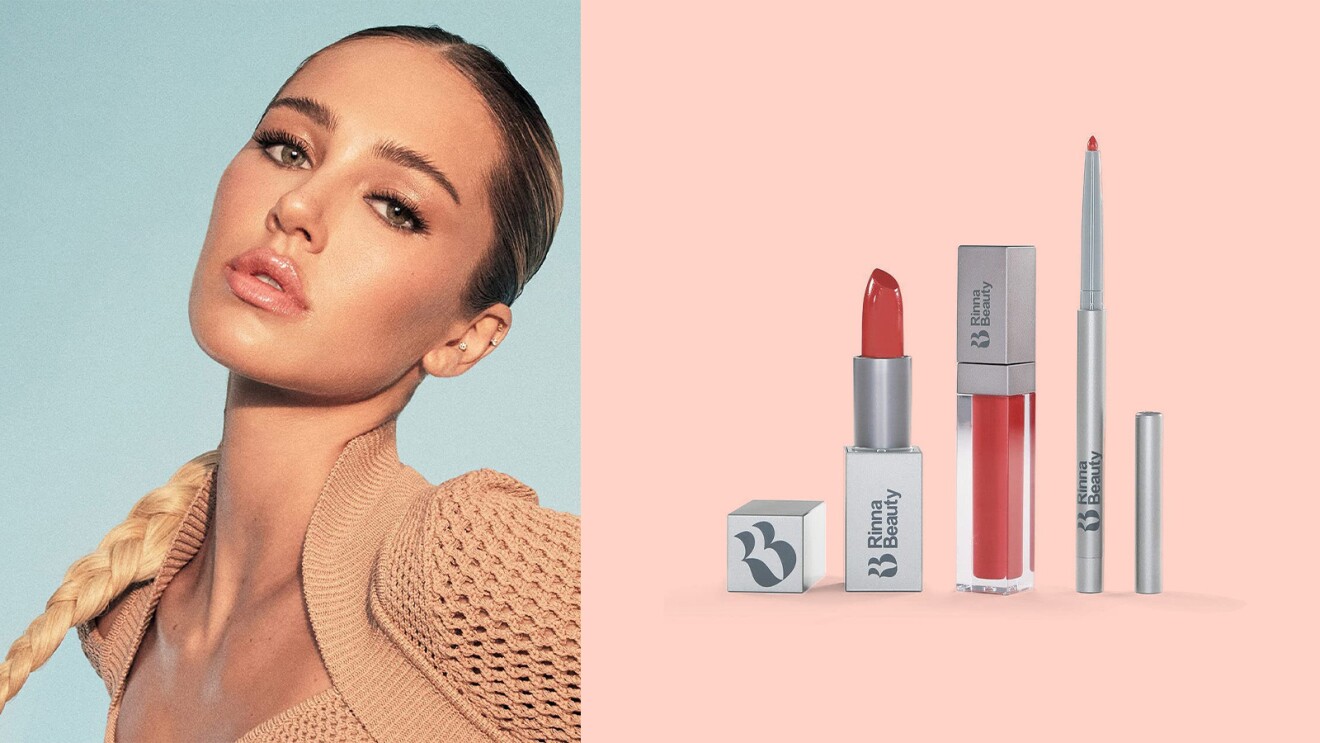 An image of a woman and an image of Rinna Beauty lip products.