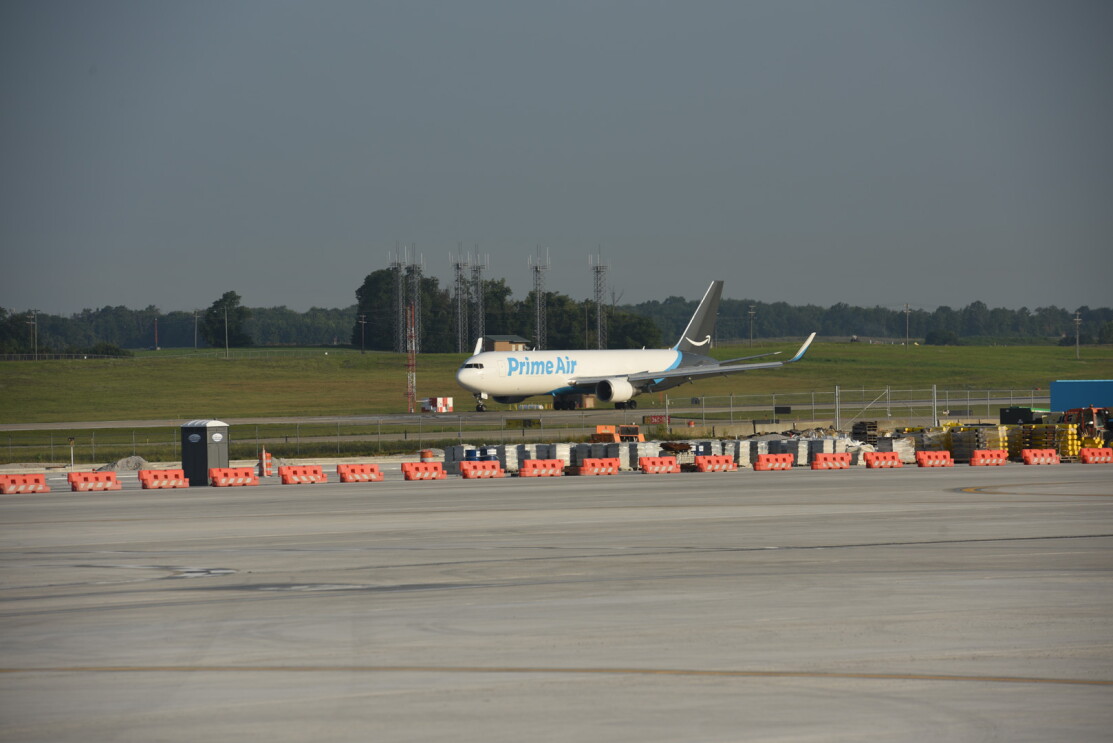 An image of a Prime Air plan pulling into the runway at the Air Hub in Kentucky.