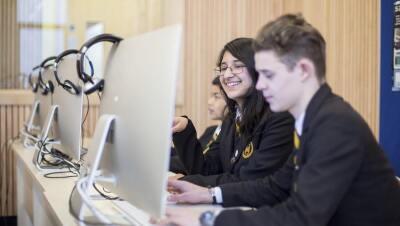 Images of students in front of a computer