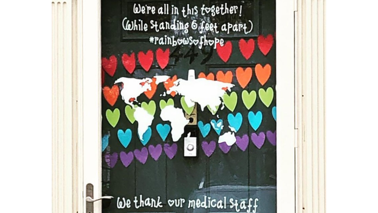 Rainbows displayed in windows, created by children, as a means to thank essential workers during the COVID-19 pandemic