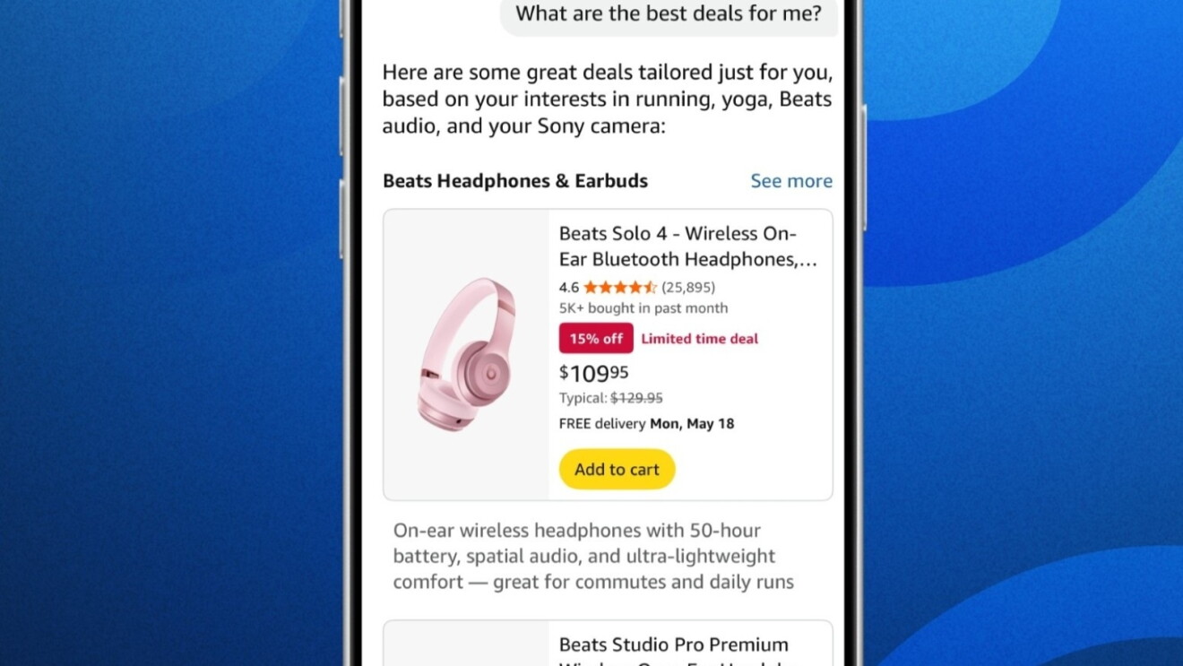 Amazon's Alexa for Shopping product recommendation showing Beats Solo 4 wireless headphones in pink for $109.95 with 15% off limited time deal
