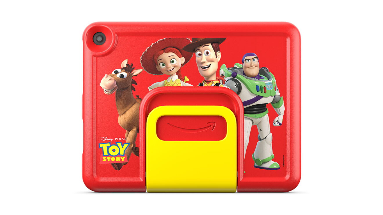 Toy Story themed red tablet case with yellow stand featuring main characters