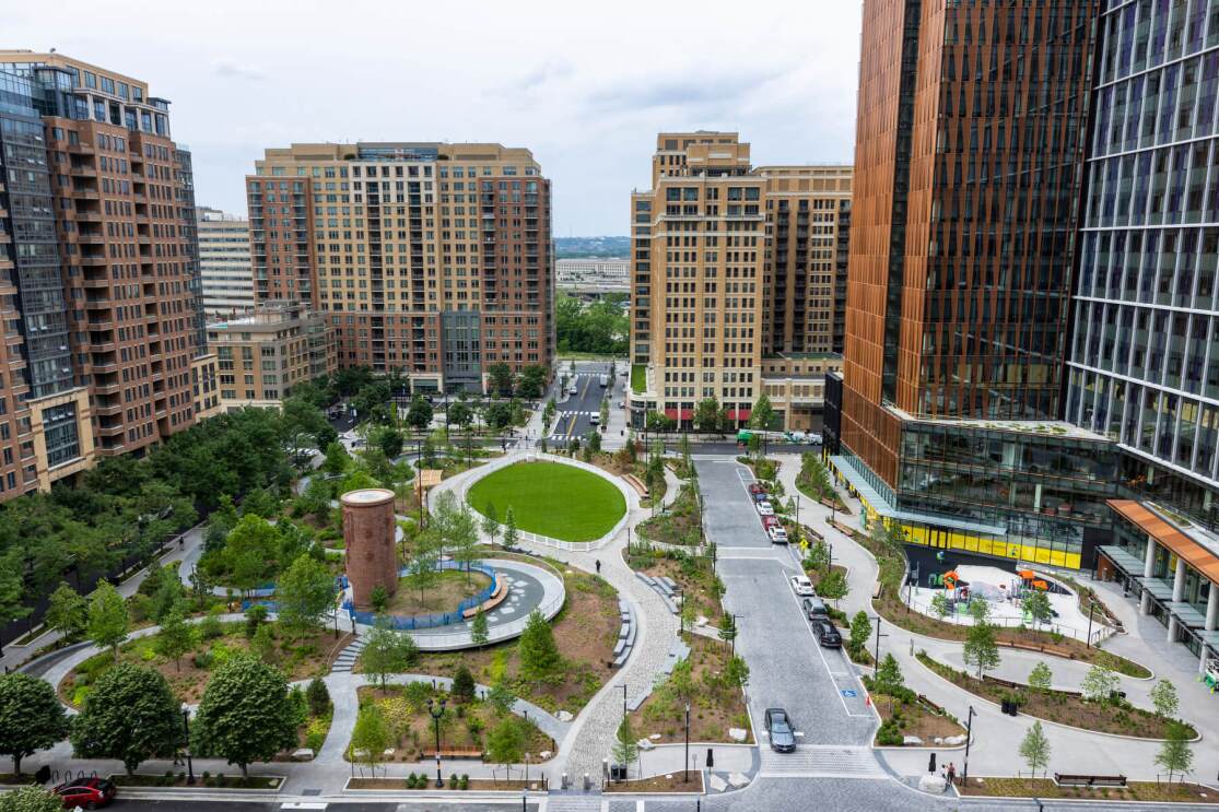 An aerial photo of Metropolitan Park at Amazon's HQ2 in Arlington, Virginia. 